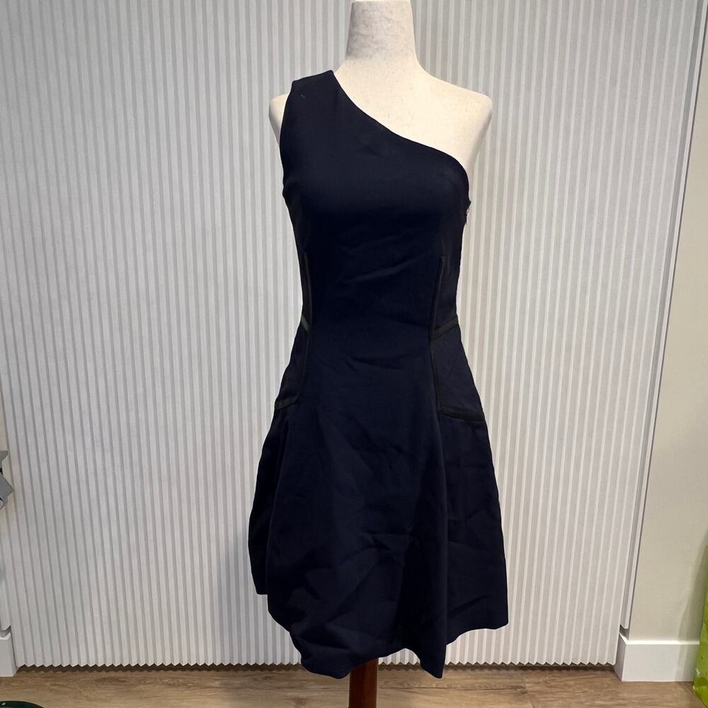YIGAL AZROUEL Women's Leather Trim One Shoulder Dress Size 6 In Mystic
